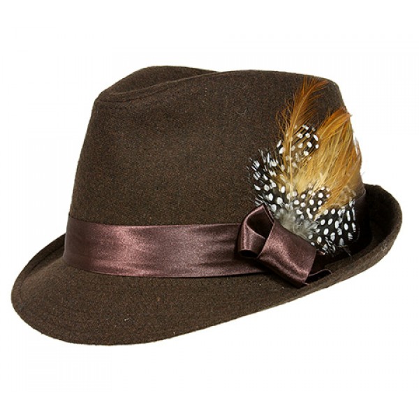 Fedora Hat - Wool-felt w/ Satin Ribbon Bow & Feather - Brown - HT-AHA51777BR